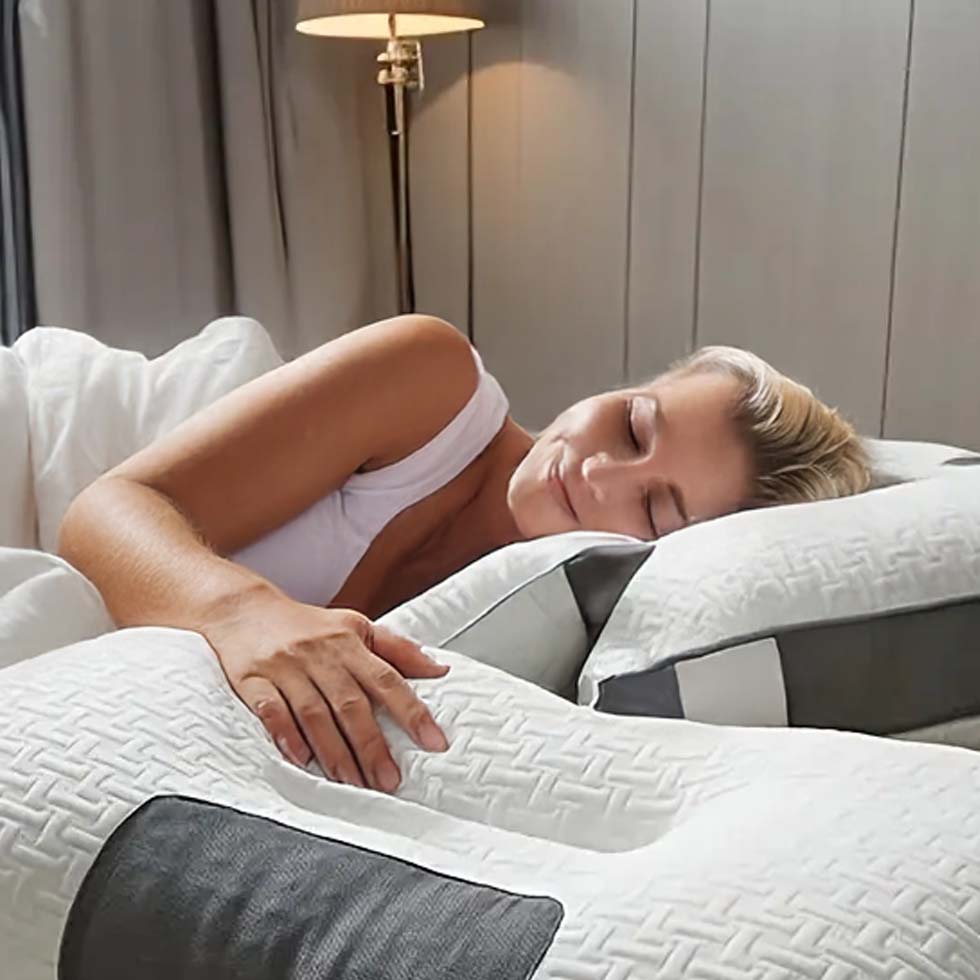 Mujer durmiendo plácidamente de costado sobre almohada cervical ergonómica Perfect Dream Pillow, transmitiendo descanso profundo y bienestar