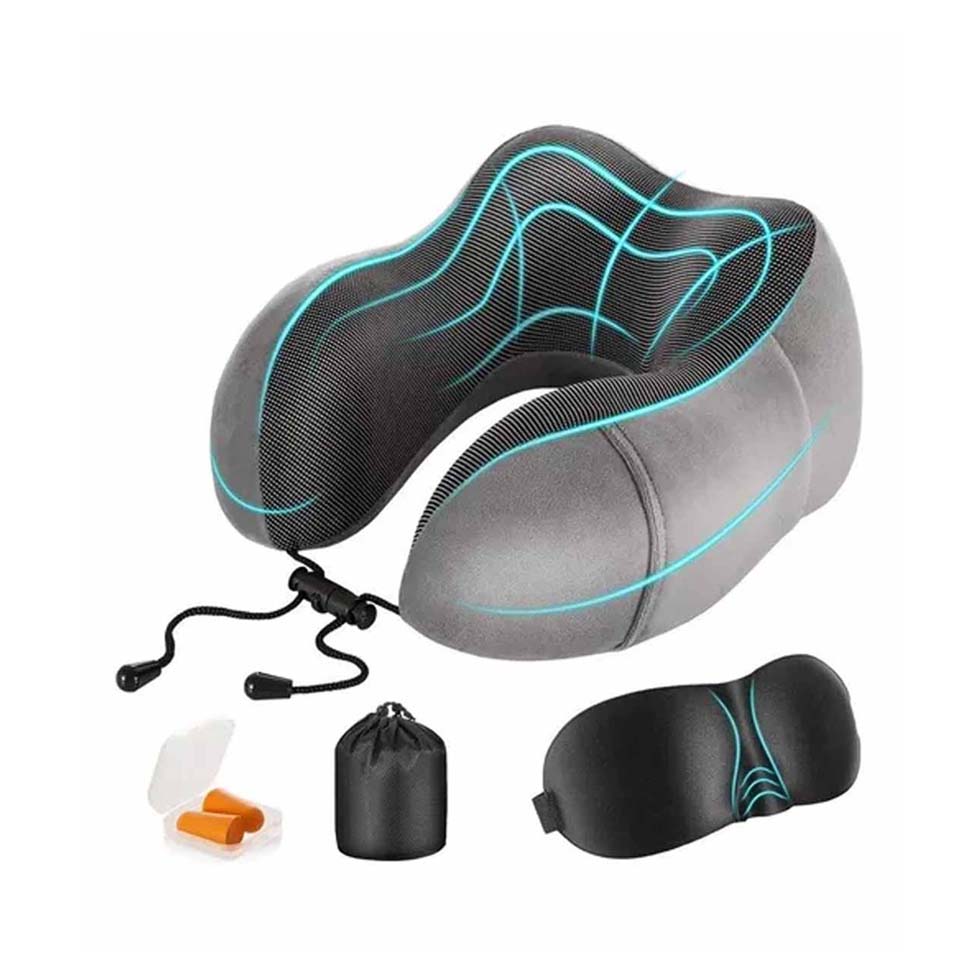 Kit de descanso para viaje con almohada cervical ergonómica Ergo Travel Pillow, antifaz, tapones para oídos y bolso de transporte